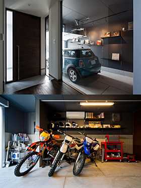 上：「香芝のガレージハウス・奈良」設計／田中一郎 下：「千里のバイクガレージハウス」設計／田中一郎
