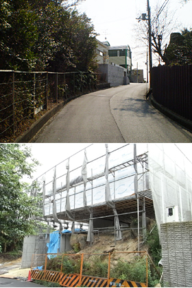 工事途中の「目神山の眺望を愉しむ家・神戸」上:購入前の土地 下:工事途中の写真。高低差を活かし、地中にあった岩などを回避して建てられているのがわ分かる
