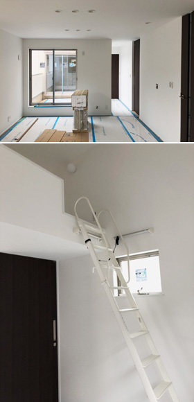 完成間近の「大阪・住吉のガレージハウス２」上：2階LDK 下：子ども部屋のロフト