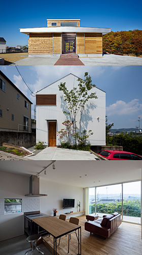 上：「河南町の家」外観 中：「生駒の家」設計／堤 庸策　撮影／下村康典 下：「生駒の家」LDKからの風景