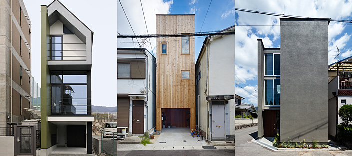 左:「六甲の狭小住宅・神戸」(建築面積 約7.1坪) 設計/藤原誠司 中:「六甲の狭小住宅2・神戸」(建築面積 約6.7坪) 設計/藤原慎太郎 右:「東花園の家・東大阪」(建築面積 約13.8坪) 設計/岩橋 翼