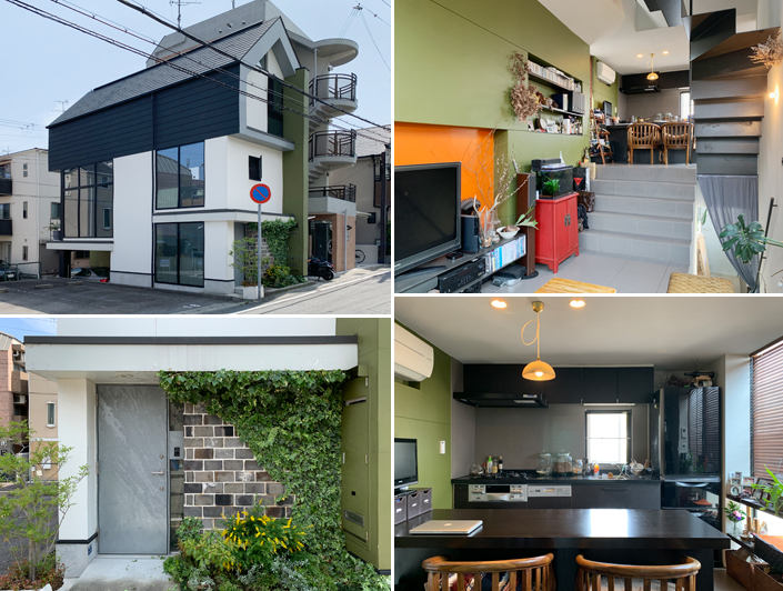 左上:外観、デザインのおかげで建物は大きく見える 左下:玄関を見る。本物のレンガを使用した壁にグリーンが絶妙に絡みついている。玄関扉は溶融亜鉛メッキ仕上げで錆に強く趣があります 右上:リビングからキッチン方向を見る。スキップフロアの採用により、ダイニングとキッチンは数段上がったところにある 右下:ダイニングキッチンを見る、黒系の色に統一されている