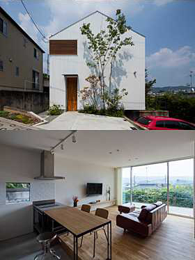 上：「生駒の家」設計／堤 庸策　撮影／下村康典 下：「生駒の家」LDKからの風景