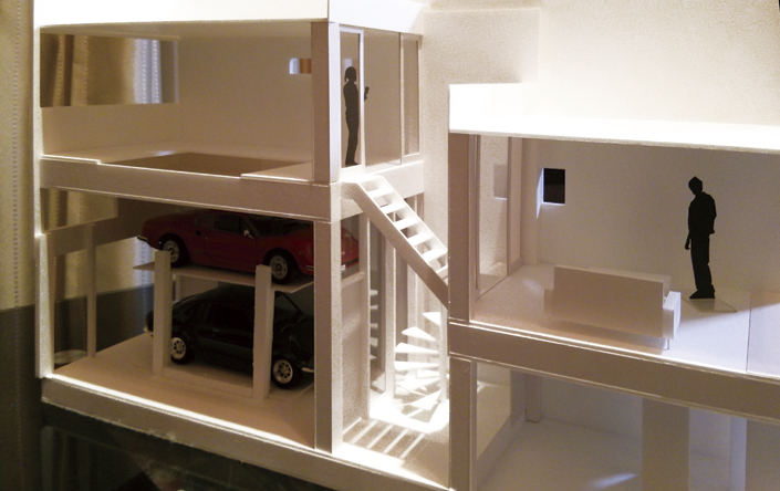 新富町のガレージハウス 提案時の模型