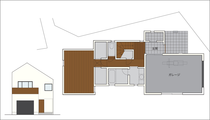 「金沢区・釜利谷のガレージハウス」 立面図と1階平面図を見る