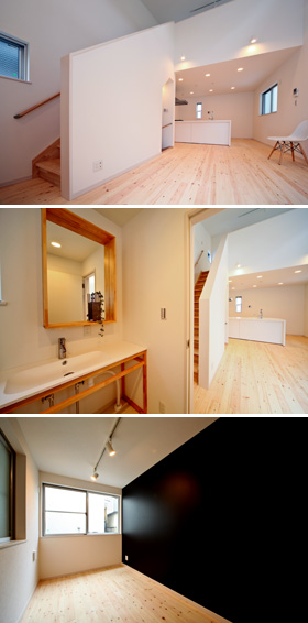 「足立区の狭小住宅・東京(建築面積 約11.7坪)」上：LDKを見る。キッチン上部は広いロフトになっている外観を見る。中：シンプルな洗面　下：1階の個室を見る