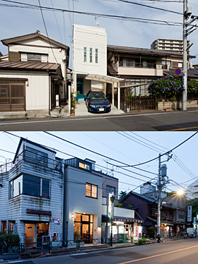 上:「川口の狭小店舗併用住宅」外観 住宅街にあるのが分かる 下:「根津の狭小店舗併用住宅」外観 人通りの多い通りに面しており、両隣も店舗