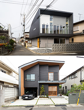 「西東京の家」設計／矢部直輝　「三鷹のガレージハウス」設計／田中ノリヒト上：外観を見る