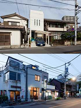 上:「川口の狭小店舗併用住宅」外観 下:「根津の狭小店舗併用住宅」外観