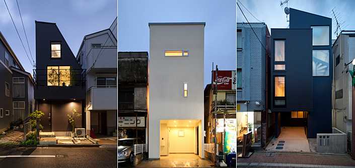 左から「鵜の木の狭小住宅」外観、 「東綾瀬の狭小住宅」外観、 「幡ヶ谷の狭小三世帯住宅」外観 撮影すべて/アトリエ・フロール
